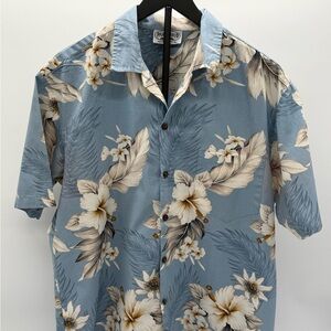 Pacific Legend Mens Hawaiian Shirt Blue‎ Hibiscus Floral Cotton Made in USA L